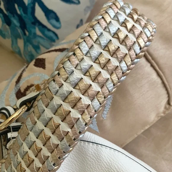 Sondra Roberts White Faux Pebble Leather Hobo Bag w Metallic Gold Braided Strap - Picture 3 of 14